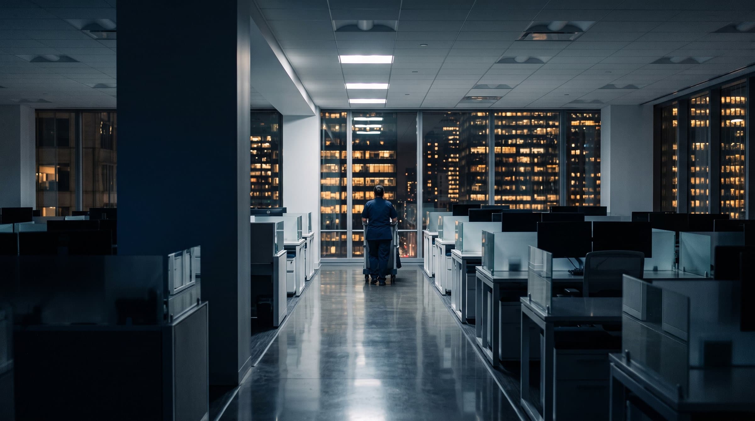 An empty Manhattan office floor at night, desks cleared, city lights through the windows