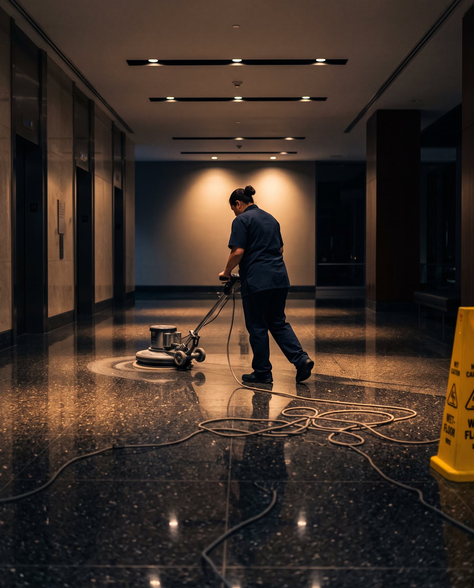 A cleaner running a floor burnisher across a terrazzo lobby at night, the floor reflecting the downlights