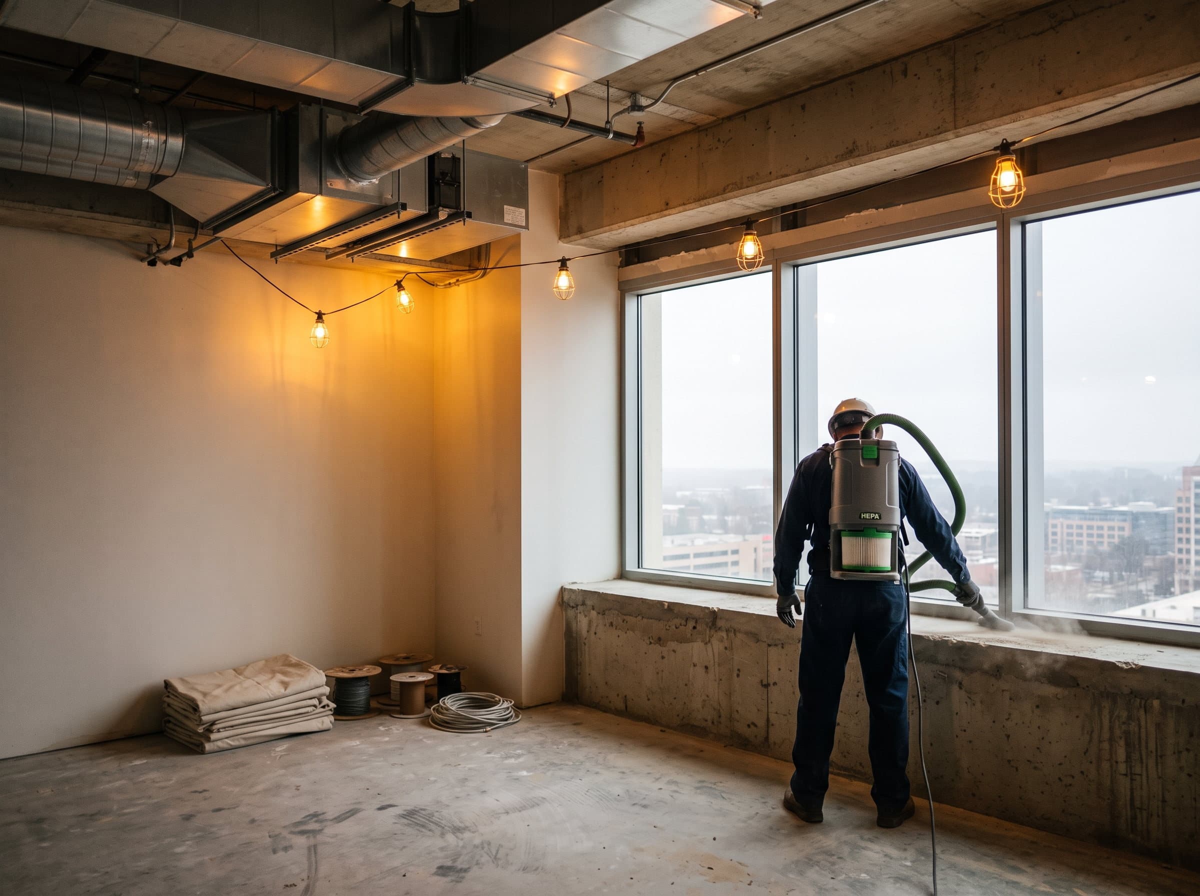 A newly built office suite with exposed ductwork, construction dust being vacuumed from a window ledge