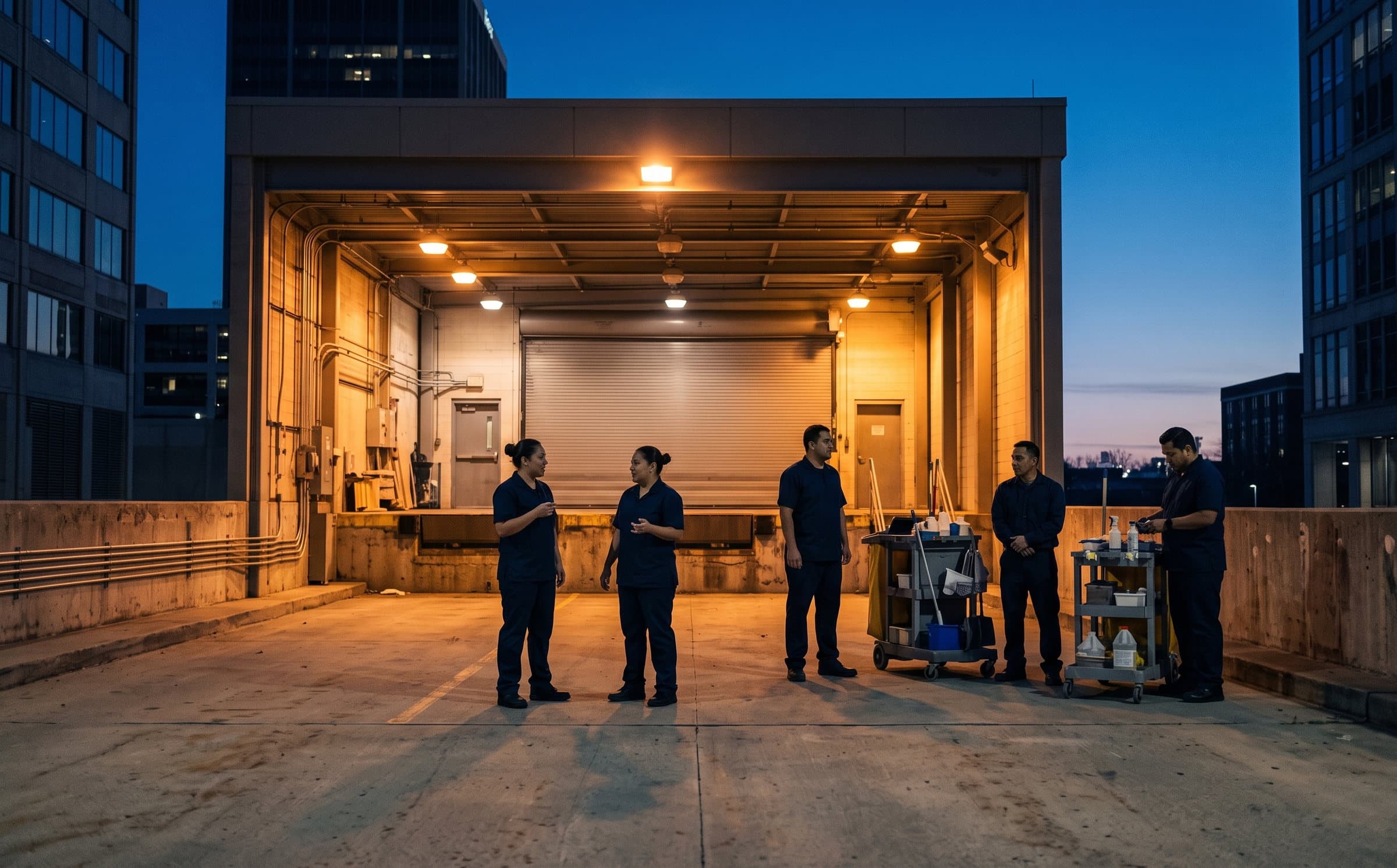 A Metro Pristine crew of five in navy uniforms with their carts at a building's freight entrance at dawn
