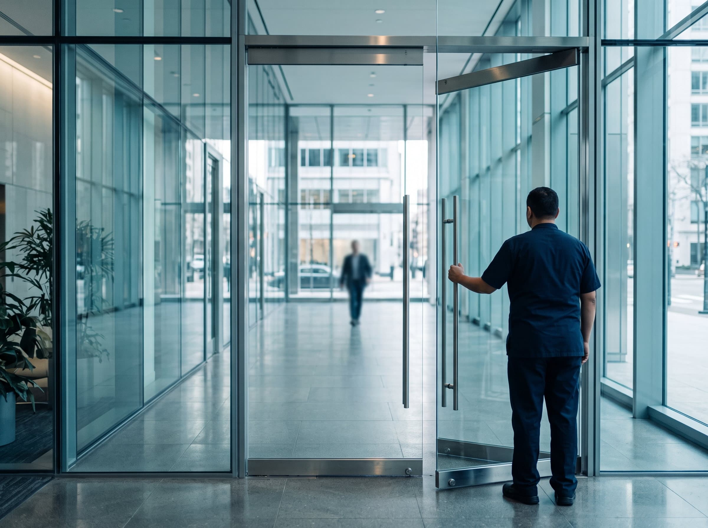 A porter in a navy uniform holding open a glass lobby door for a visitor