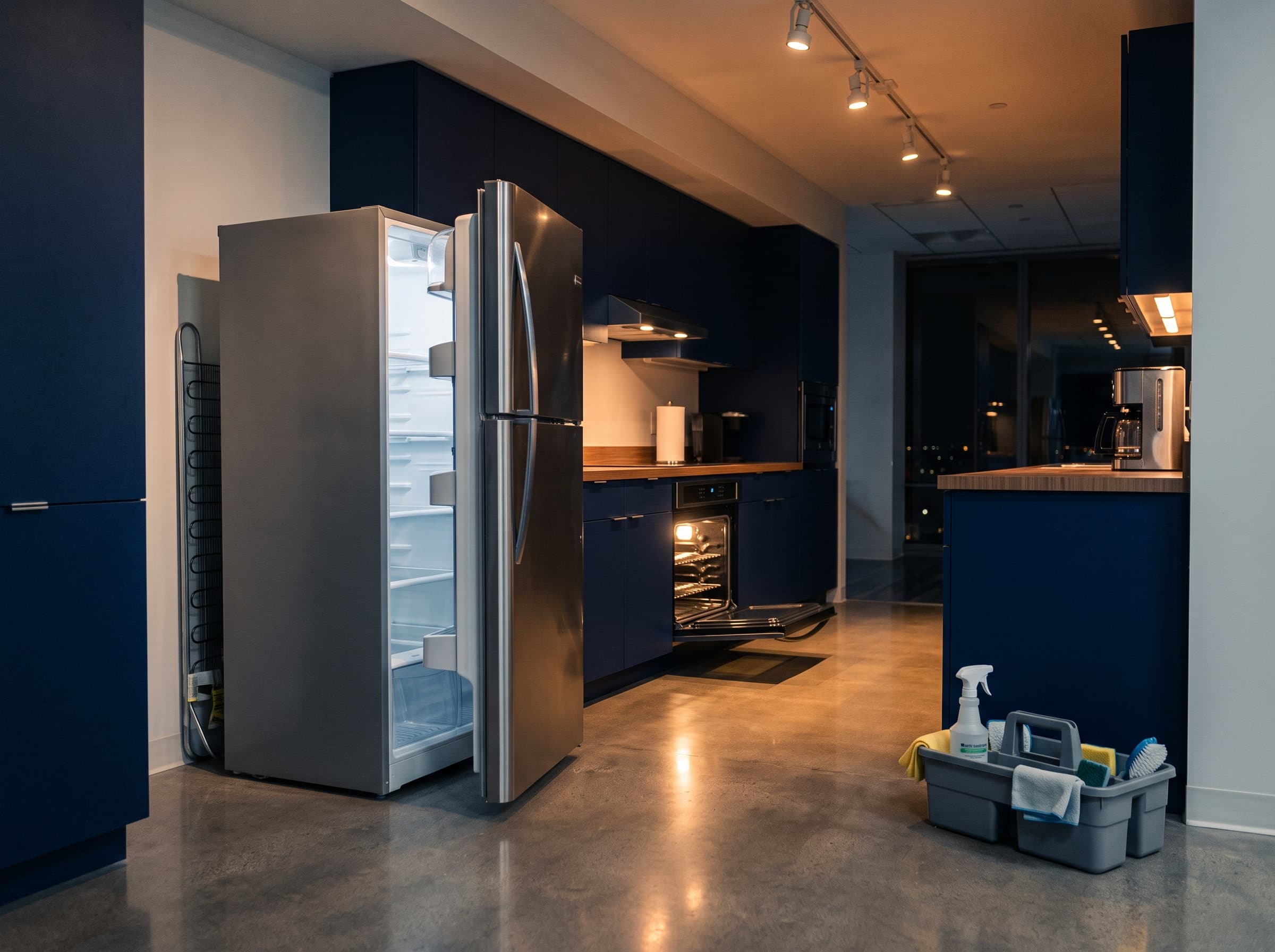 An office kitchen mid deep-clean, refrigerator pulled out from the wall and a caddy of tools on the floor