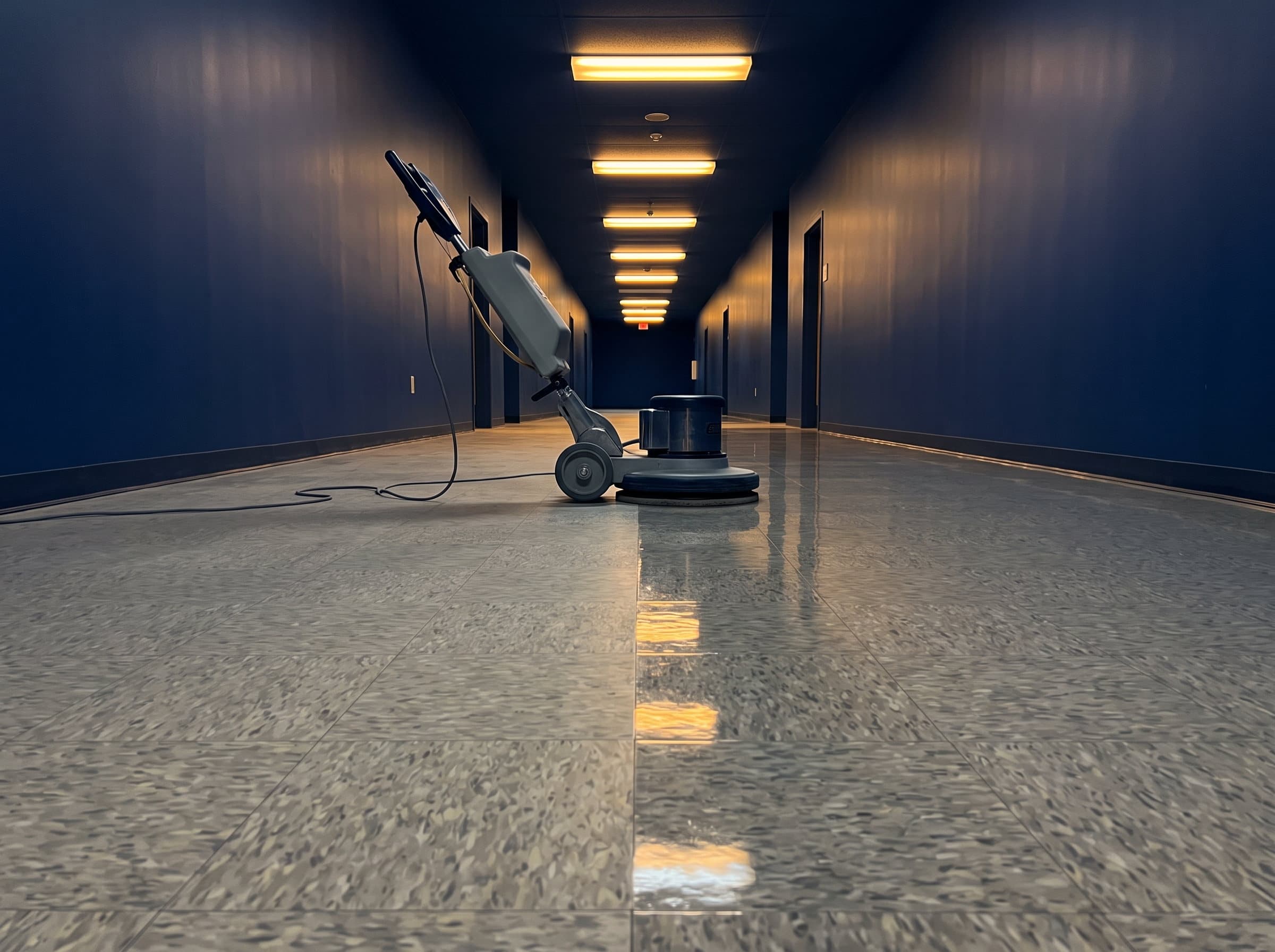 A hallway floor half freshly waxed and mirror-glossy, half still dull, with a floor machine at the boundary