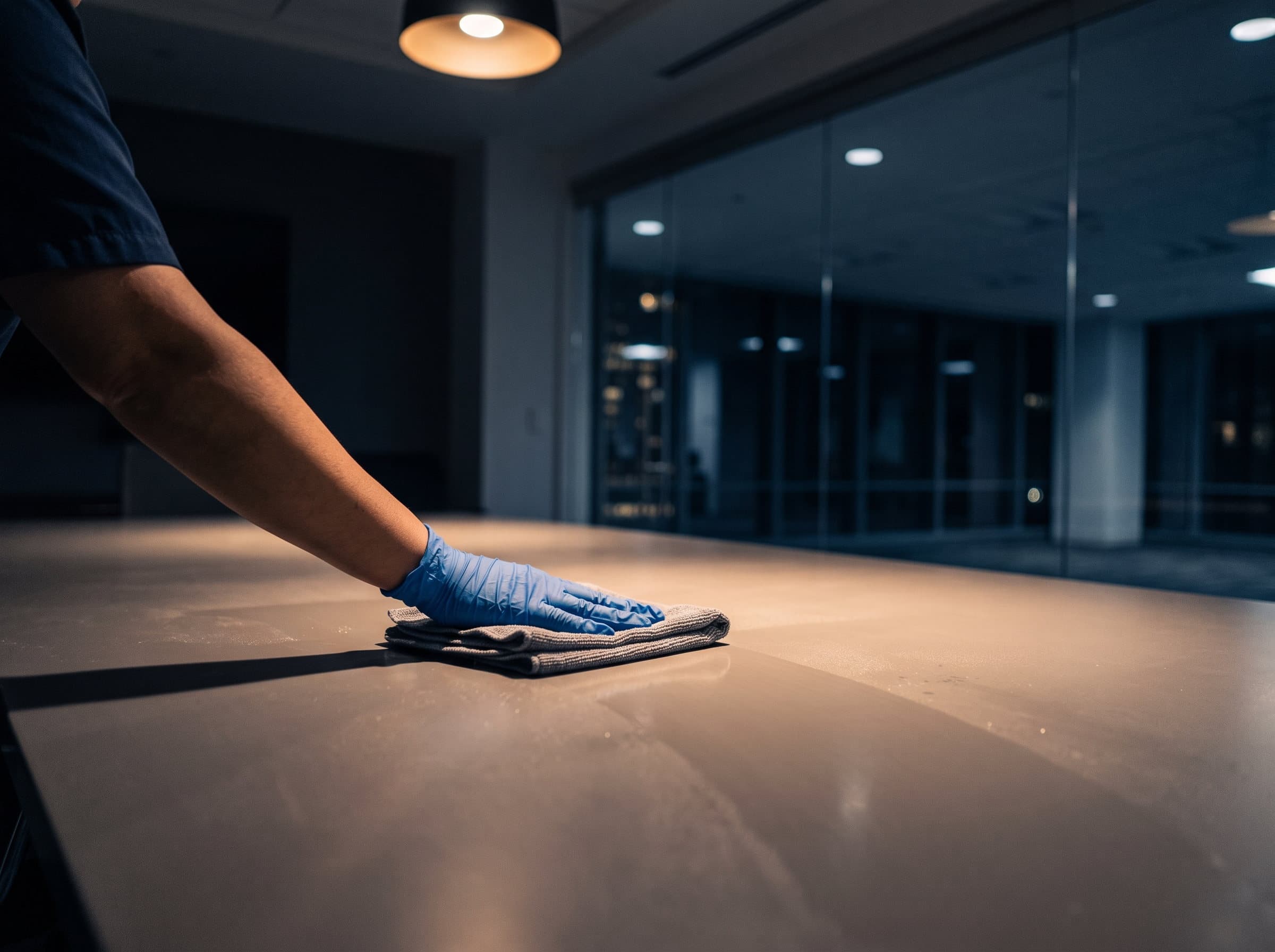 A gloved hand wiping a conference-room table with a microfiber cloth, the office dark beyond the glass wall